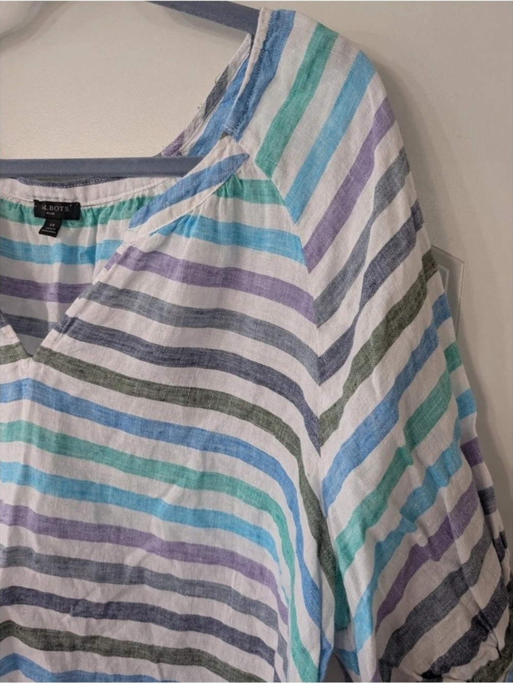 Talbots Striped V-Neck Short Sleeve Top in Mint, Lavender & Gray - Picture 2 of 6